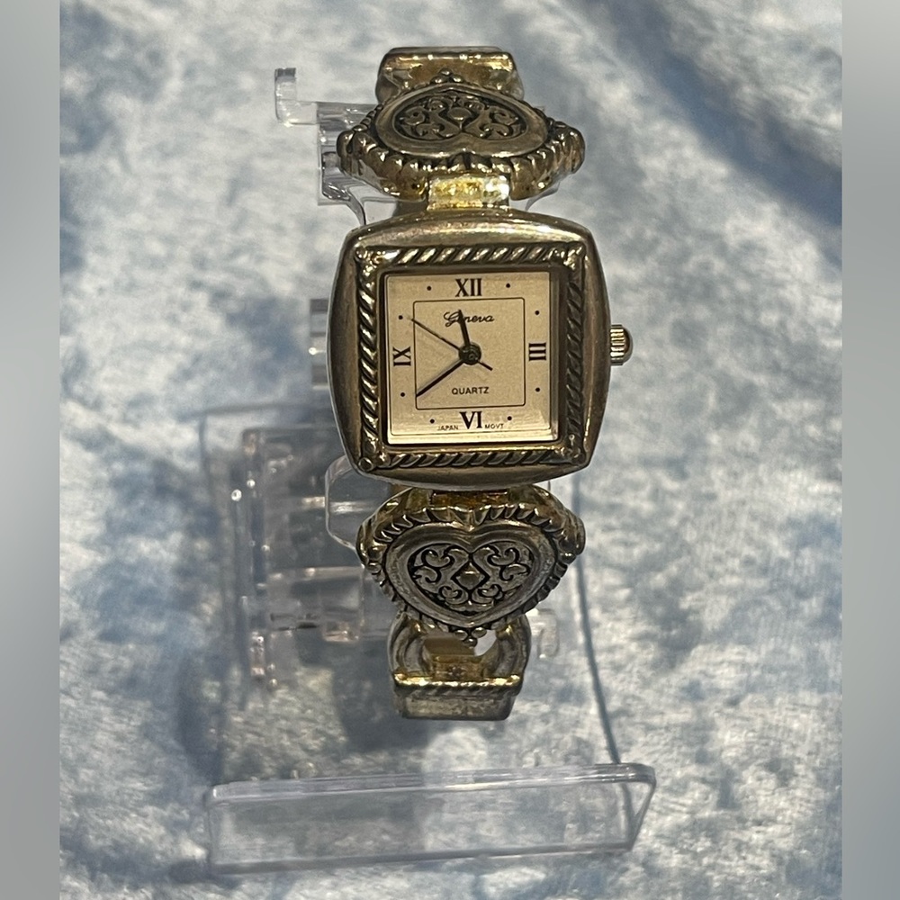 Geneva Quartz Women’s Wrist Watch Brown Leather Band Length 8.75” Square Face